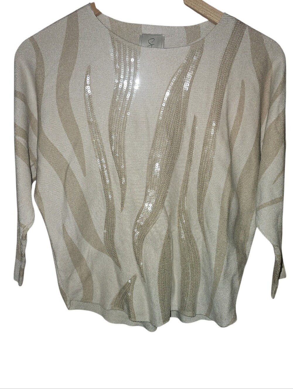 SIONI 3/4 Sleeve Boatneck Soft Sequin Detail Sweater - Small